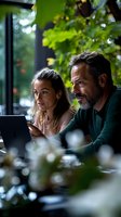 Middle-aged Caucasian man and young woman working together on laptop in modern cafe with natural lighting and green plants creating cozy atmosphere.