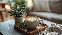 Cozy latte art coffee cup on wooden tray with green plant and knitted throw blanket, creating warm morning atmosphere in soft natural lighting.