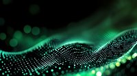 Glowing green particle wave formation on dark background with bokeh effect creates futuristic digital technology visualization for tech presentations.