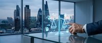 Businessman touching AI hologram interface in modern office with city skyline view. Artificial intelligence technology concept for business innovation.