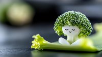 Fresh broccoli floret with cute face sleeping on green stalk against dark background, creative food art concept for healthy eating and wellness.