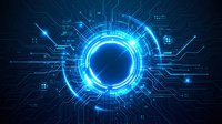 Futuristic blue digital portal with glowing circuit patterns and technological elements on dark background for sci-fi and tech design projects.