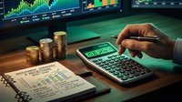 Business professional calculating investment returns with calculator, financial charts and coin stacks on desk for wealth management planning.