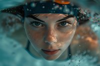 Young woman with intense blue eyes and slight smile underwater, face partially submerged with water droplets and ethereal teal lighting creating dreamy atmosphere.