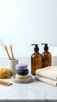 Eco-friendly bathroom essentials with bamboo toothbrushes, amber glass bottles, natural sponges and organic soap bars on marble surface for sustainable living.