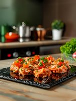 Fresh bruschetta with tomatoes and herbs on slate board in modern kitchen setting for culinary blogs and restaurant menus.