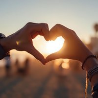 Hands forming heart shape against golden sunset light creating romantic silhouette for love and connection concepts.