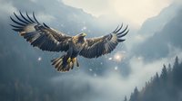 Majestic golden eagle soaring over misty mountain valley with spread wings against dramatic foggy landscape and pine forest in morning light.