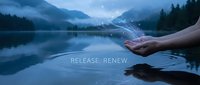 Hands releasing glowing light orb over serene mountain lake at dusk, symbolizing renewal and fresh beginnings for wellness and spiritual growth concepts.