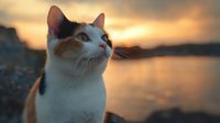 Orange and white cat gazing upward during golden hour sunset by calm water. Peaceful feline portrait with warm lighting for pet and nature content.