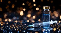 Medical vial with blue liquid and syringe on dark background with golden bokeh lights creating magical atmosphere for healthcare concepts.