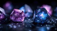 Glowing purple and blue polyhedral dice with numbers on dark reflective surface with bokeh lights and sparkles, macro photography for gaming and tabletop concepts.