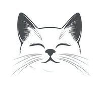 Minimalist cat face with closed eyes and whiskers on white background, isolated design element for logos, prints, and creative projects.