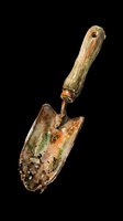 Vintage garden spade with weathered wooden handle and rusty metal blade, isolated on transparent background. Ready for gardening graphics, clipart, print-on-demand products, t-shirt designs, and digital crafts.