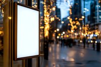Blank white advertising billboard mockup on city street with blurred bokeh lights and decorated trees in evening, copy space for marketing display.