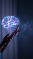 Glowing neon brain floating above outstretched hand with electric neural connections and colorful light effects on dark blue background for AI concepts.
