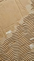 Torn corrugated cardboard texture showing layered brown paper with exposed fluted core structure for packaging and shipping material backgrounds.