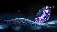 Purple diamond on shimmering water droplets surface with dark background and bokeh effects, creating luxurious jewelry atmosphere. Macro photography highlights crystal clarity.