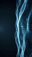 Abstract digital wave with glowing blue particles and flowing mesh lines on dark background. Suitable for technology, innovation, data visualization, and digital transformation concepts.