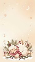 Cute sleeping sheep wearing red plaid scarf surrounded by winter foliage, snowflakes, and crescent moon on warm beige background. Isolated design for nursery decor, greeting cards, and children's apparel.