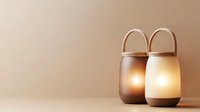 Minimalist portable lanterns with warm glowing light on beige background. Modern decorative LED lamps create cozy atmosphere for home or outdoor use.