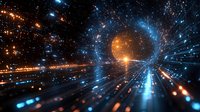 Cosmic space tunnel with glowing blue and orange light streaks creating dynamic perspective. Abstract galactic vortex background with stellar particles and energy rays.
