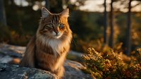 Majestic Maine Coon cat sitting on rock in forest during golden hour sunset, surrounded by autumn foliage and natural wilderness.