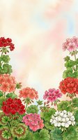 Watercolor geranium flowers border frame with soft pastel background for spring garden designs and floral decorations.