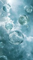 Transparent soap bubbles floating against dreamy blue sky with fluffy clouds, creating ethereal atmosphere for wellness and freedom concepts.
