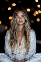 Young Caucasian woman with long blonde wavy hair wearing white and gold dress smiling at night with bokeh lights background creating romantic atmospheric portrait.