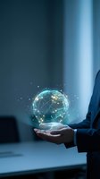 Businessman holding glowing digital globe with network connections in modern office environment for global business and technology concepts.