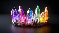 Luminous crystal cluster with vibrant rainbow colors from purple to orange, glowing on dark background. Natural mineral formation with magical appearance.