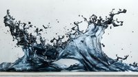 Dynamic water splash captured in motion with dramatic waves and droplets creating abstract shapes against light background. Frozen liquid movement in blue tones.