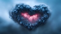 Dark storm clouds form heart shape with glowing pink light breaking through center, creating dramatic romantic sky atmosphere for valentines designs.