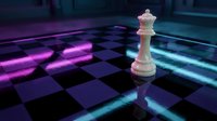 White chess king piece standing on futuristic glowing chessboard with neon purple and blue lighting effects creating strategic gaming atmosphere.