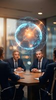 Global business meeting with holographic earth projection showing international network connections and digital transformation in modern office.