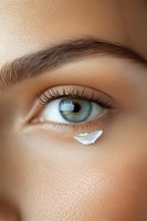 Close-up of blue eye with moisturizing cream under eye area showing skincare and beauty treatment on young caucasian woman with natural makeup and flawless skin.