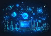 Glowing blue scientific laboratory equipment with cosmic elements and constellation patterns against dark background, featuring test tubes and digital screen.