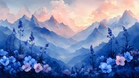 Dreamy mountain landscape at sunset with blue wildflowers in foreground, layered peaks fade into misty distance against pink and orange sky.