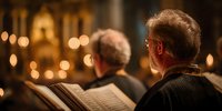 Senior male choir members singing from sheet music in warm candlelit church setting during evening worship service performance.