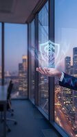 Businessman hand presenting digital security shield with dollar sign and lock icon in modern office overlooking city skyline at dusk for financial protection.