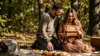 Young couple enjoying romantic autumn picnic in park with golden sunlight filtering through trees and cozy blanket setup for outdoor date experience.