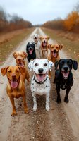 Happy diverse group of dogs sitting together on autumn country road, including Dalmatian, Labrador and mixed breeds with joyful expressions and tongues out.