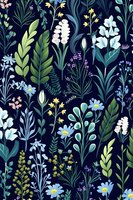 Enchanting floral pattern with delicate wildflowers, ferns and botanical elements on dark navy background. Seamless repeat design for fabric, wallpaper and surface patterns.
