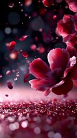 Red anemone flower with falling petals on dark background, glitter bokeh effect creates magical atmosphere. Romantic floral composition for valentines designs.