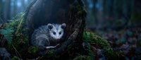 Young opossum peeking from moss-covered tree hollow in misty forest during twilight hours creating atmospheric wildlife scene.