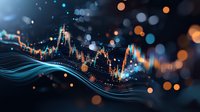 Financial market data visualization with glowing candlestick chart, flowing blue waves and orange bokeh lights on dark background. Modern trading analysis concept.