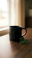 Black ceramic coffee mug with green ivy leaf on wooden table near window with warm natural light for cozy morning beverage and home decor concepts.