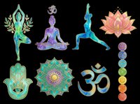 Yoga and meditation symbols collection with isolated figures, chakra wheels, lotus flowers, hamsa hand, and om sign on transparent background. Ready for t-shirt design, stickers, sublimation, print-on-demand products, and spiritual clipart.