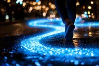 Feet walking on glowing blue illuminated path at night with bokeh lights in background creating magical atmosphere on wet reflective surface.